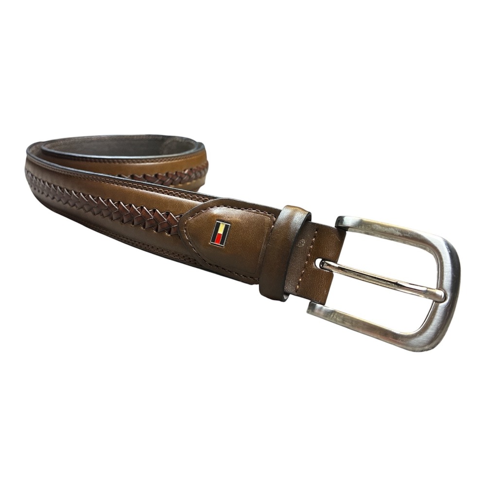 Tommy Hilfiger Mens Brown Leather Braided Inlay Belt Size 36 Handcrafted Vintage